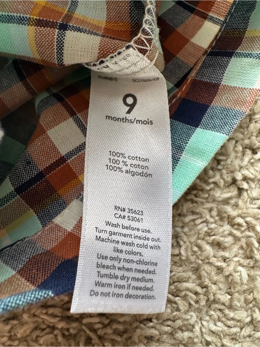 Carter’s Plaid Button Front Short Sleeve Romper Baby 9 Months NWT